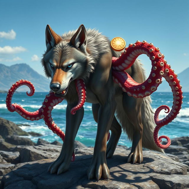 A captivating hybrid creature that is a blend of a wolf and an octopus