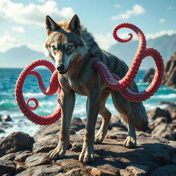 A captivating hybrid creature that is a blend of a wolf and an octopus