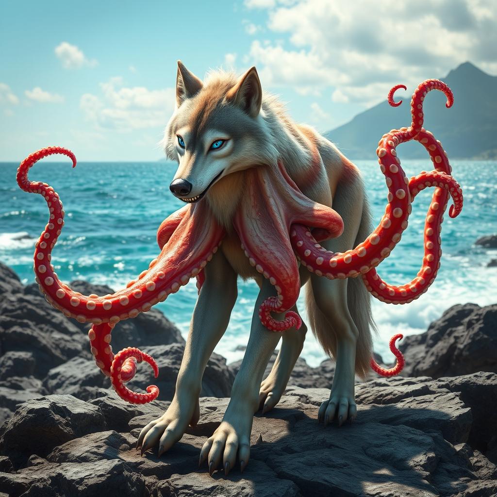 A captivating hybrid creature that is a blend of a wolf and an octopus