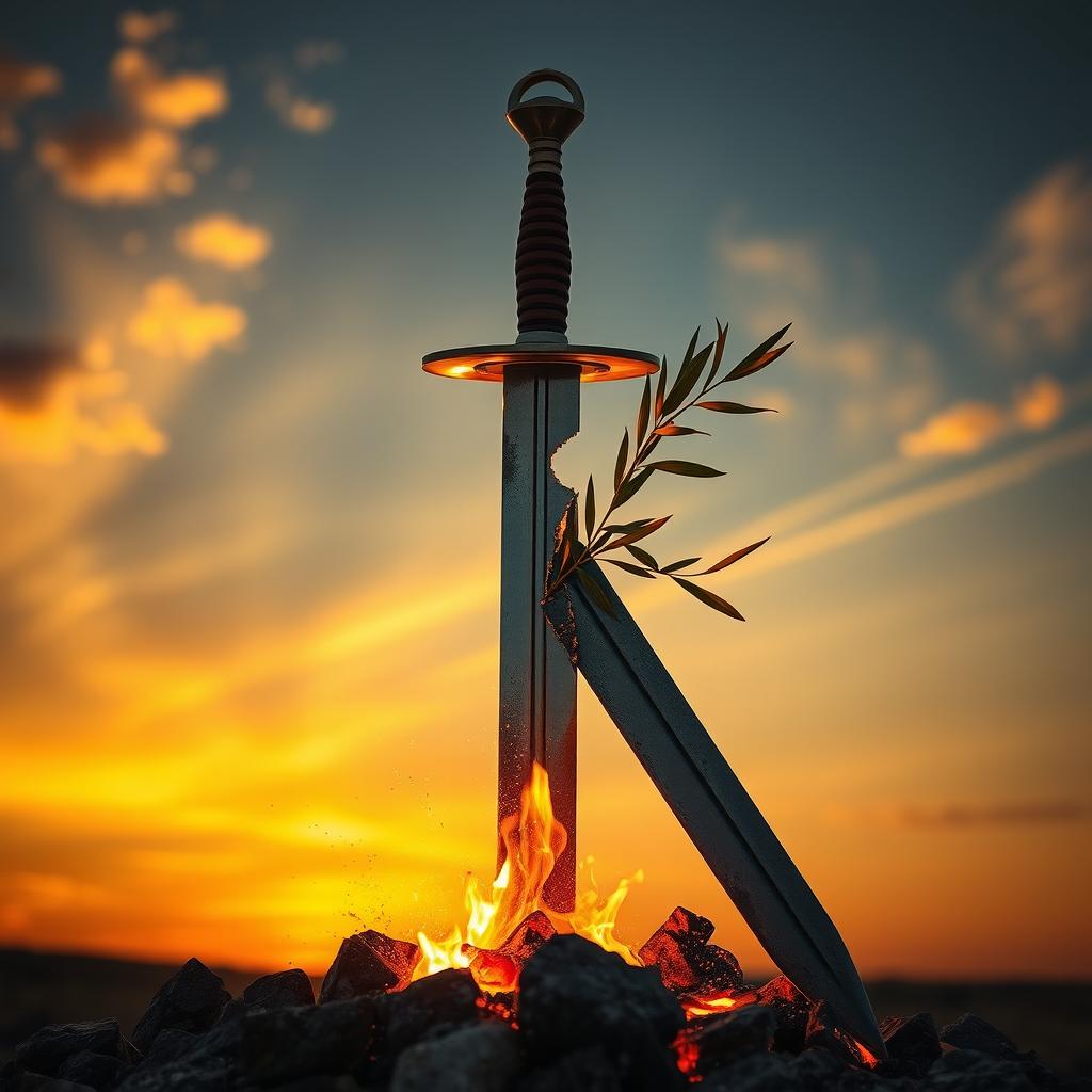 A symbolic image of a broken sword being reforged into an olive branch, signifying the transformation from conflict to peace