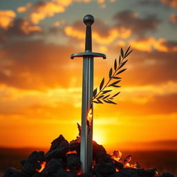 A symbolic image of a broken sword being reforged into an olive branch, signifying the transformation from conflict to peace