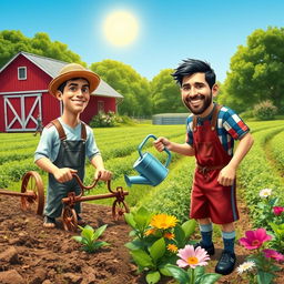 A whimsical and imaginative scene depicting legendary football players Cristiano Ronaldo and Lionel Messi engaging in farming activities together