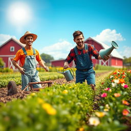 A whimsical and imaginative scene depicting legendary football players Cristiano Ronaldo and Lionel Messi engaging in farming activities together