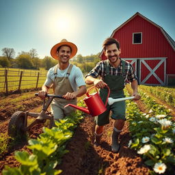 A whimsical and imaginative scene depicting legendary football players Cristiano Ronaldo and Lionel Messi engaging in farming activities together