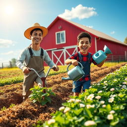 A whimsical and imaginative scene depicting legendary football players Cristiano Ronaldo and Lionel Messi engaging in farming activities together