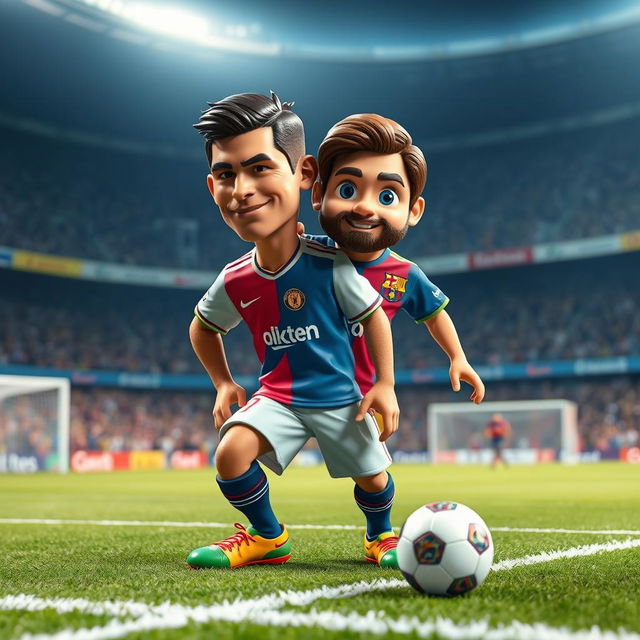 A fantastical hybrid creature depicting a blend of Cristiano Ronaldo and Lionel Messi, combining their iconic features into one character