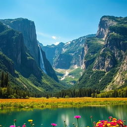 A majestic and towering landscape featuring a colossal mountain range under a bright blue sky