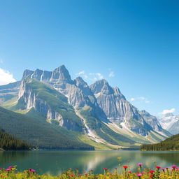 A majestic and towering landscape featuring a colossal mountain range under a bright blue sky