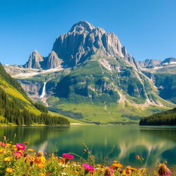 A majestic and towering landscape featuring a colossal mountain range under a bright blue sky