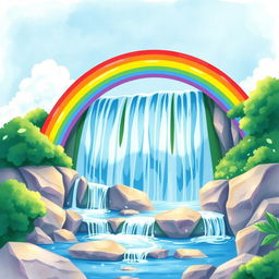 A vibrant and colorful watercolor illustration of a majestic waterfall with a bright rainbow arching gracefully over it