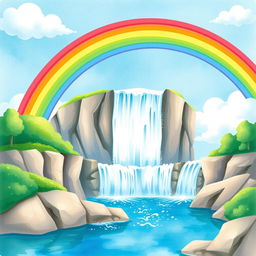 A vibrant and colorful watercolor illustration of a majestic waterfall with a bright rainbow arching gracefully over it