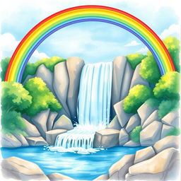 A vibrant and colorful watercolor illustration of a majestic waterfall with a bright rainbow arching gracefully over it