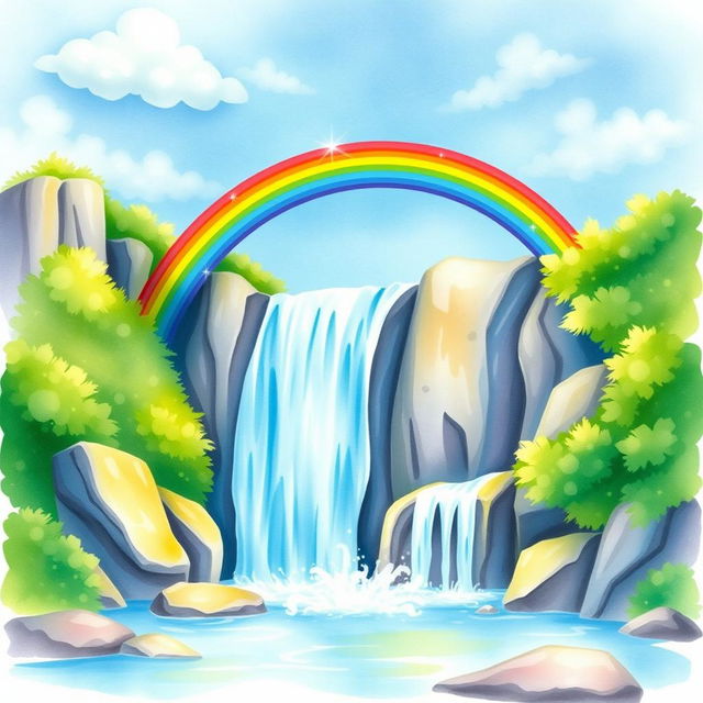 A vibrant and colorful watercolor illustration of a majestic waterfall with a bright rainbow arching gracefully over it
