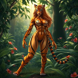 A striking anthropomorphic tiger with a graceful yet powerful physique designed in the likeness of a woman