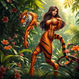 A striking anthropomorphic tiger with a graceful yet powerful physique designed in the likeness of a woman