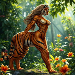 A striking anthropomorphic tiger with a graceful yet powerful physique designed in the likeness of a woman