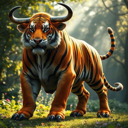 A formidable and striking hybrid creature that combines the powerful features of a tiger and a bull