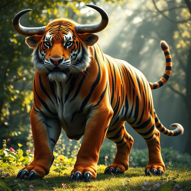 A formidable and striking hybrid creature that combines the powerful features of a tiger and a bull