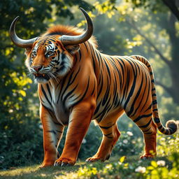 A formidable and striking hybrid creature that combines the powerful features of a tiger and a bull