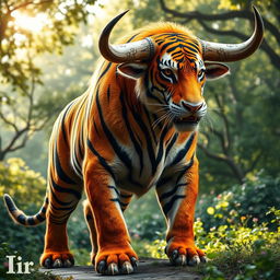 A formidable and striking hybrid creature that combines the powerful features of a tiger and a bull