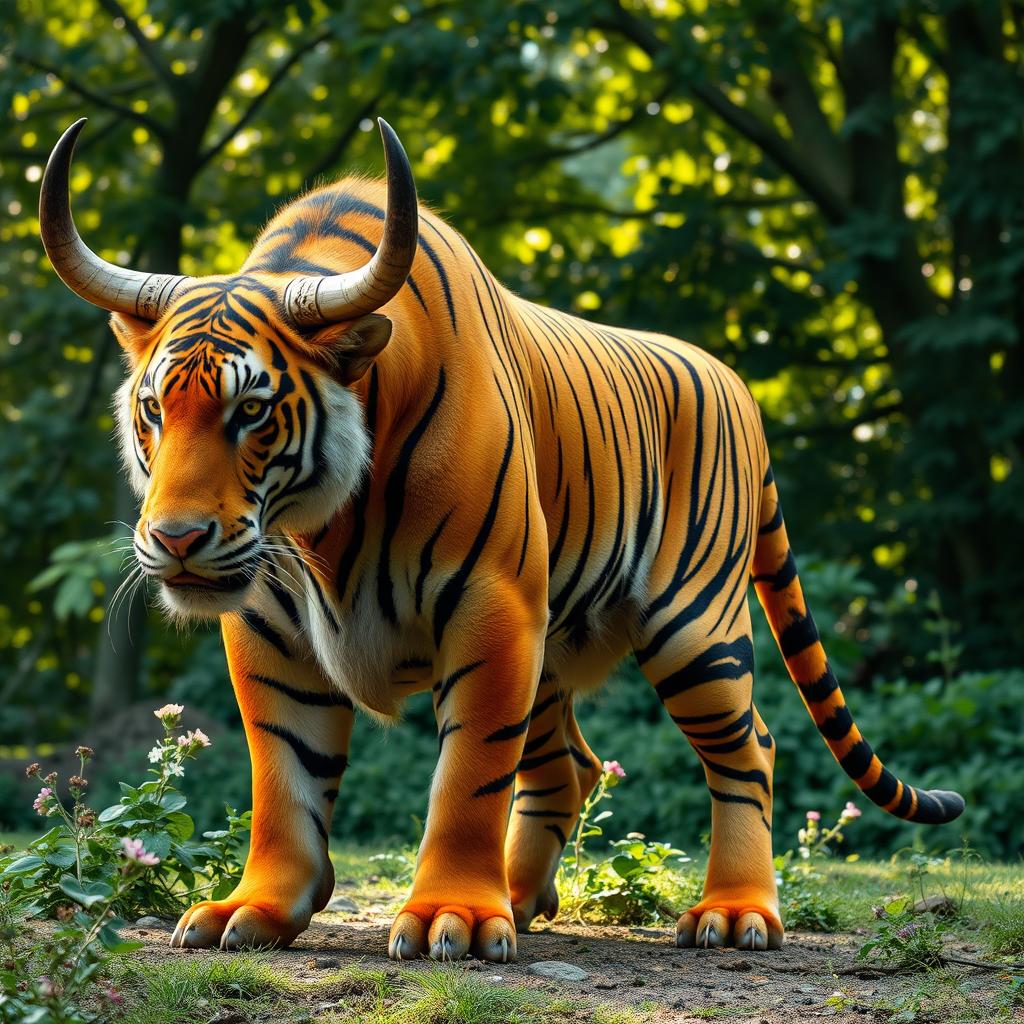 A formidable and striking hybrid creature that combines the powerful features of a tiger and a bull