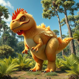 An imaginative and whimsical hybrid creature that combines the characteristics of a chicken and a T-Rex