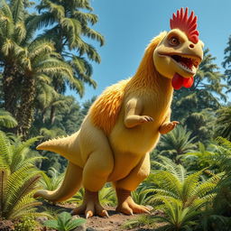 An imaginative and whimsical hybrid creature that combines the characteristics of a chicken and a T-Rex