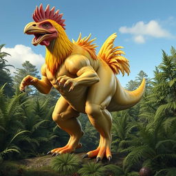 An incredible and imaginative hybrid creature that combines the features of a chicken and a T-Rex, but with a highly muscular build