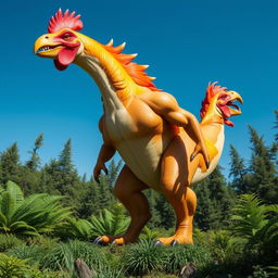 An incredible and imaginative hybrid creature that combines the features of a chicken and a T-Rex, but with a highly muscular build