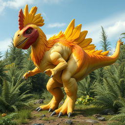 An incredible and imaginative hybrid creature that combines the features of a chicken and a T-Rex, but with a highly muscular build