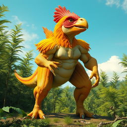 An incredible and imaginative hybrid creature that combines the features of a chicken and a T-Rex, but with a highly muscular build