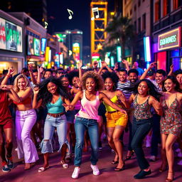 A vibrant and energetic scene of diverse people dancing joyfully in a lively urban setting, with colorful lights illuminating the street