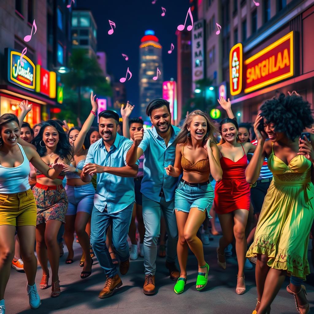A vibrant and energetic scene of diverse people dancing joyfully in a lively urban setting, with colorful lights illuminating the street