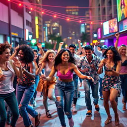 A vibrant and energetic scene of diverse people dancing joyfully in a lively urban setting, with colorful lights illuminating the street