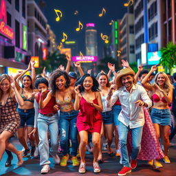 A vibrant and energetic scene of diverse people dancing joyfully in a lively urban setting, with colorful lights illuminating the street