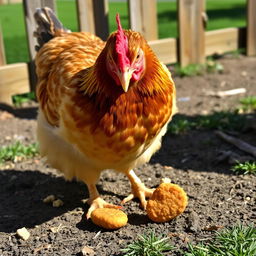 A humorous and playful scene featuring a female chicken pecking at a crispy chicken nugget on the ground