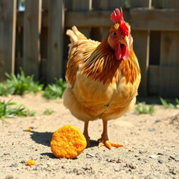 A humorous and playful scene featuring a female chicken pecking at a crispy chicken nugget on the ground