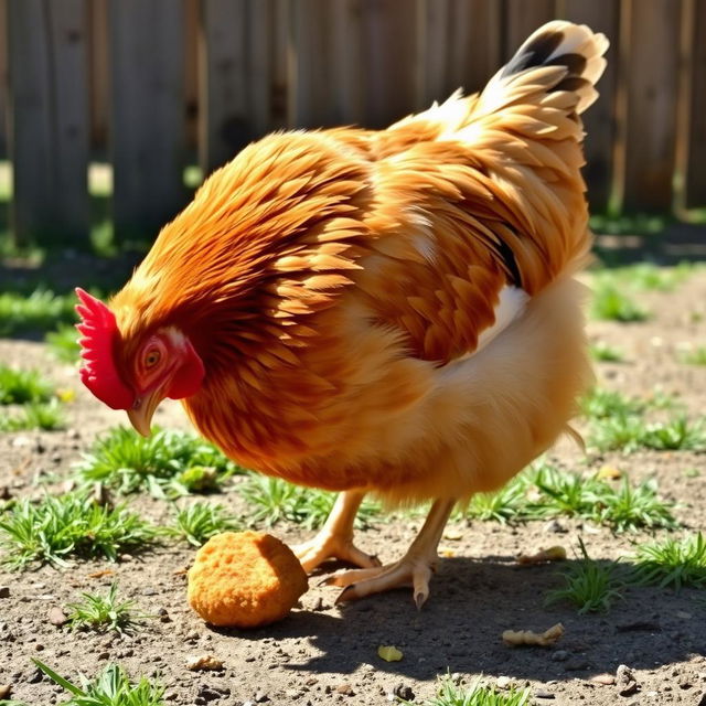 A humorous and playful scene featuring a female chicken pecking at a crispy chicken nugget on the ground