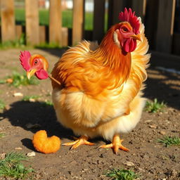 A humorous and playful scene featuring a female chicken pecking at a crispy chicken nugget on the ground