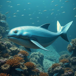A fantastical hybrid creature that merges the features of a whale and a sardine
