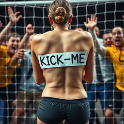 A close-up image of a female goalkeeper showcasing her naked round buttocks, with a 'KICK ME' sign adhered to her back