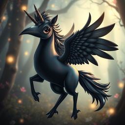 A whimsical and enchanting hybrid creature that fuses the features of a crow and a unicorn