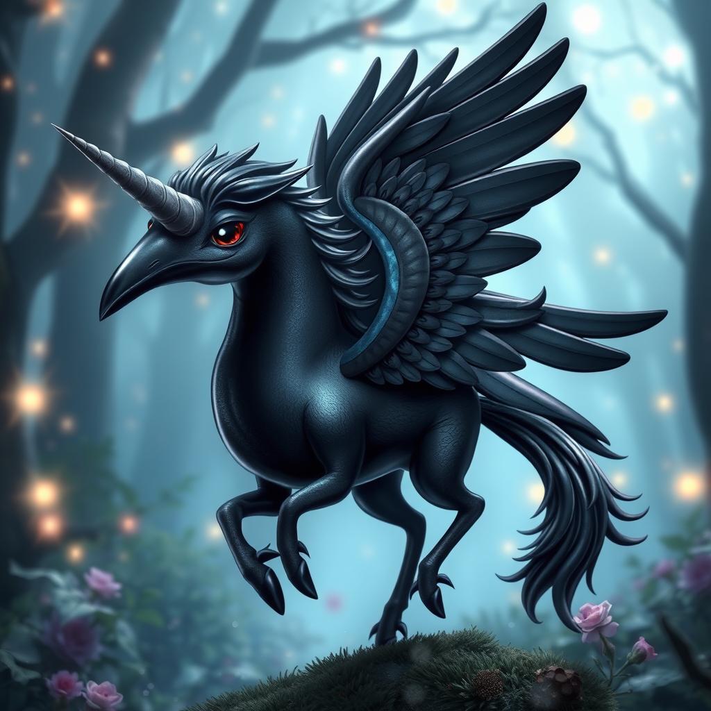 A whimsical and enchanting hybrid creature that fuses the features of a crow and a unicorn