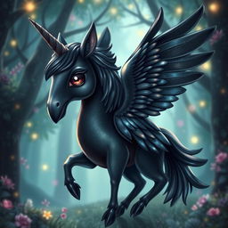A whimsical and enchanting hybrid creature that fuses the features of a crow and a unicorn