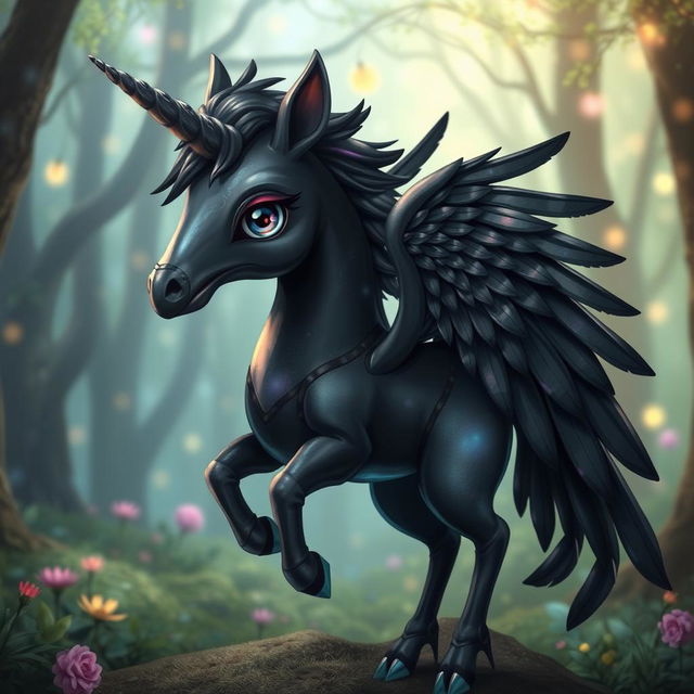 A whimsical and enchanting hybrid creature that fuses the features of a crow and a unicorn