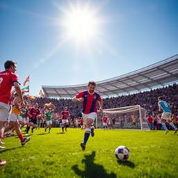 A vibrant scene capturing the atmosphere of a bustling soccer field with players actively engaged in a match