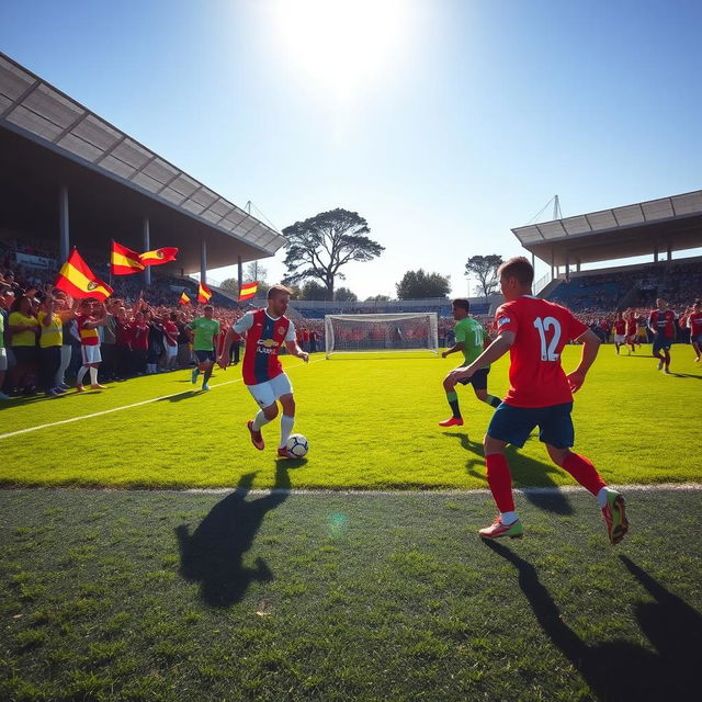 A vibrant scene capturing the atmosphere of a bustling soccer field with players actively engaged in a match