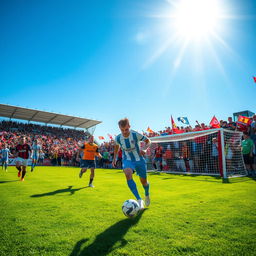 A vibrant scene capturing the atmosphere of a bustling soccer field with players actively engaged in a match