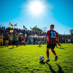 A vibrant scene capturing the atmosphere of a bustling soccer field with players actively engaged in a match