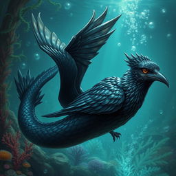A captivating and imaginative hybrid creature that combines the features of a crow and an eel